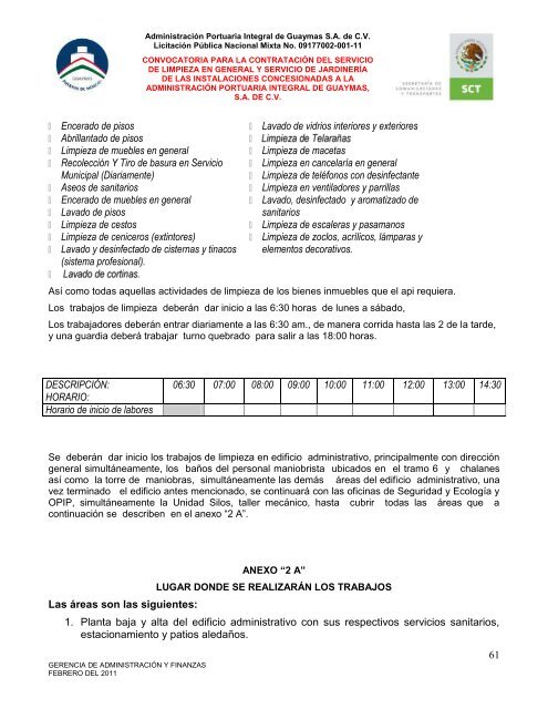 Contratación del servicio de limpieza en general - Puerto de Guaymas