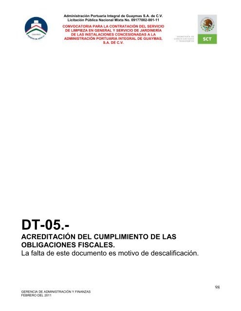 Contratación del servicio de limpieza en general - Puerto de Guaymas