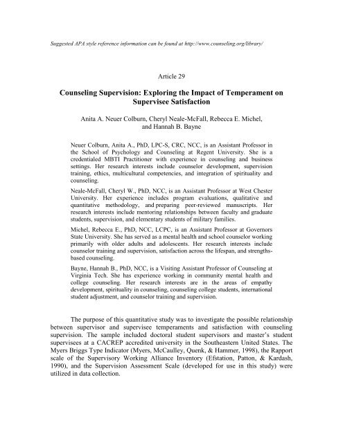 Counseling Supervision: Exploring the Impact of Temperament on ...