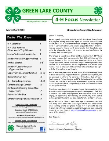 GREEN LAKE COUNTY 4-H Focus Newsletter