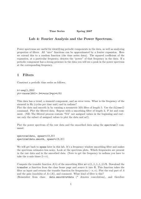 Lab 4: Fourier Analysis and the Power Spectrum. 1 Filters