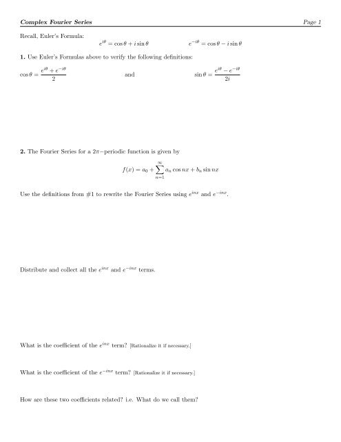 Complex Fourier Series Worksheet