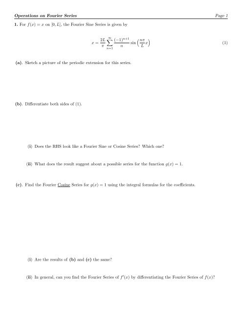 Operations on Fourier Series Worksheet