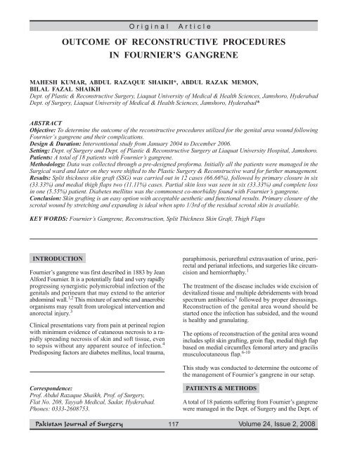 Outcome of Reconstructive Procedures in Fournier's Gangrene