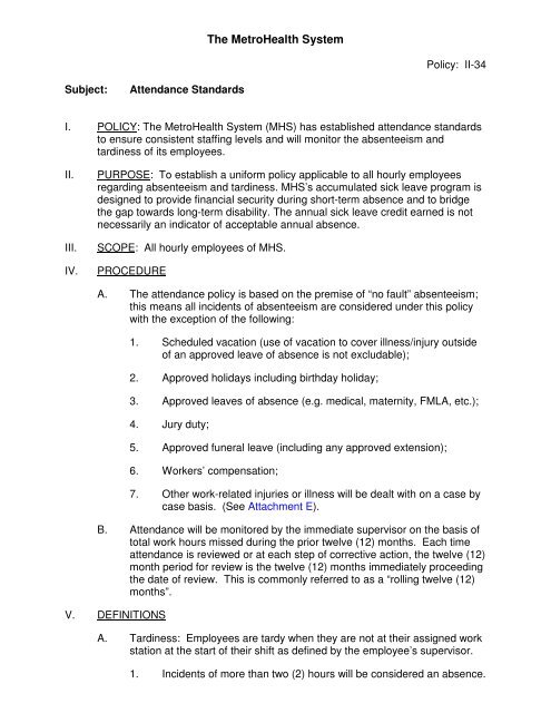 Attendance Standards Policy II-34 - The MetroHealth System