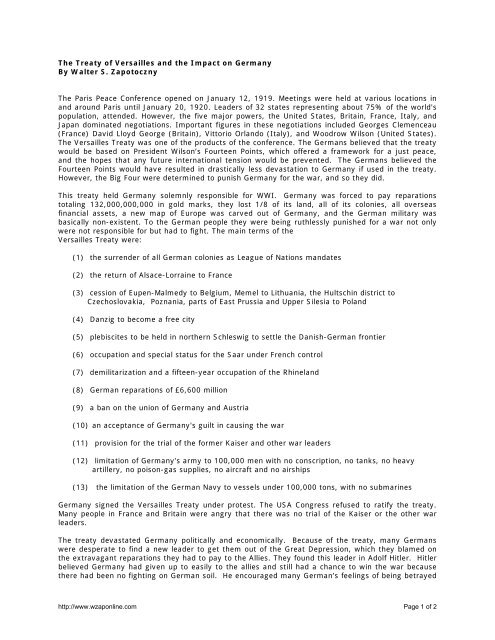The Treaty of Versailles and the Impact on Germany