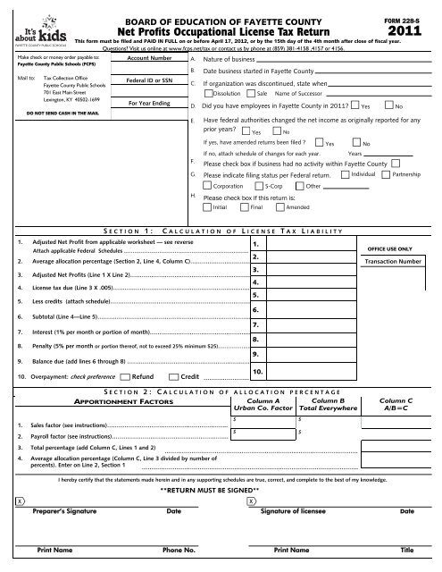 Net Profits Occupational License Tax Return - Fayette County Public ...