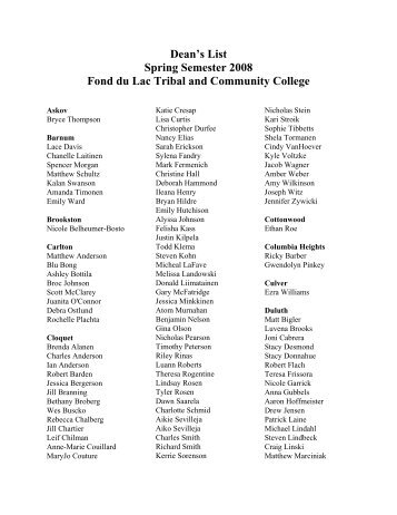 Dean's List Spring Semester 2008 Fond du Lac Tribal and ...