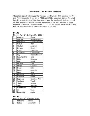 2004 Bio153 Lab Practical Schedule