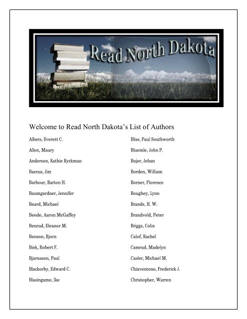 Complete North Dakota Author List - Read North Dakota