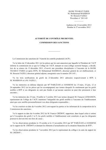 Décision de la commission des sanctions du 27 - Autorité de ...