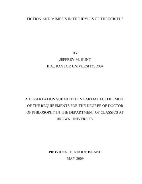 Fiction And Mimesis In The Idylls Of Theocritus By Jeffrey M Hunt Ba