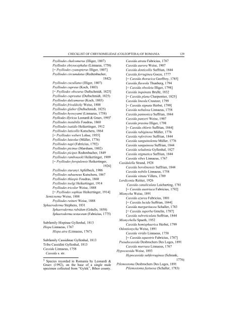 checklist of chrysomelidae (coleoptera) of romania - Travaux