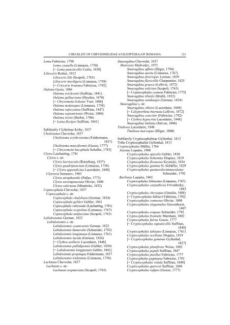 checklist of chrysomelidae (coleoptera) of romania - Travaux