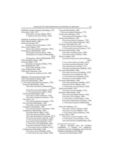 checklist of chrysomelidae (coleoptera) of romania - Travaux