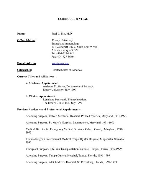 Curriculum Vitae Name Department Of Surgery Emory