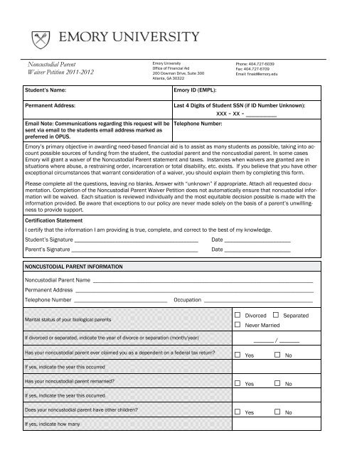 Noncustodial Parent Waiver Petition 2011 2012 Emory University