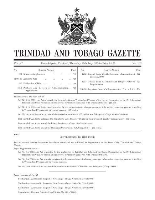 Gazette No.102, Vol. 47, 10th July, 2008 - Trinidad and Tobago ...