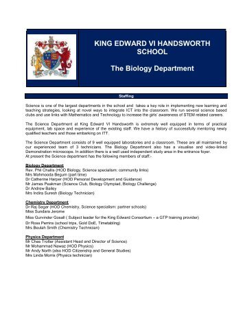 KING EDWARD VI HANDSWORTH SCHOOL The Biology Department