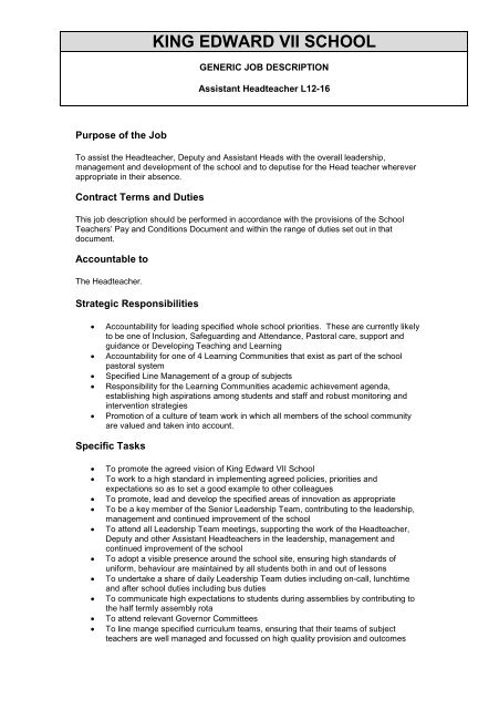 Assistant Head Teacher Job Description King Edward VII High 