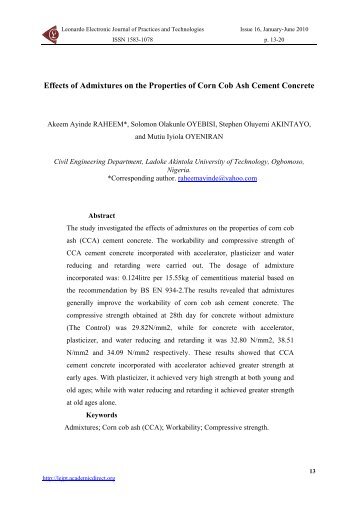 Effects of Admixtures on the Properties of Corn Cob Ash Cement ...