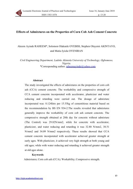 Effects of Admixtures on the Properties of Corn Cob Ash Cement ...