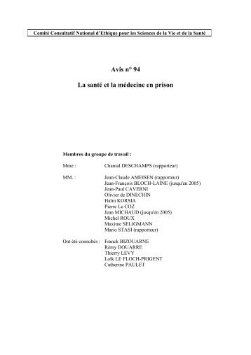 Avis n° 94 La santé et la médecine en prison - Comité consultatif ...