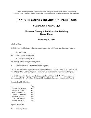 Board of Supervisors' Minutes - 02 09 11 - Hanover County Homepage