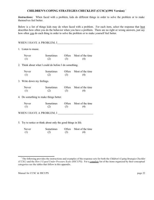 Manual for the Children's Coping Strategies Checklist