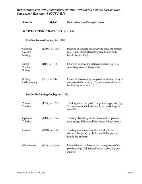 Manual for the Children's Coping Strategies Checklist