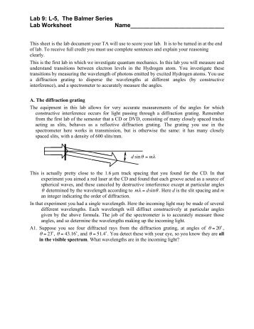 Lab 9: L-5, The Balmer Series Lab Worksheet ...