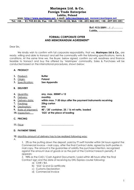 FORMAL CORPORATE OFFER Marimpex formal-corporate-offer-marimpex