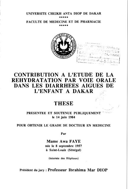 Contribution A L Etude De La Rehydratation Par Voie Orale Dans Les