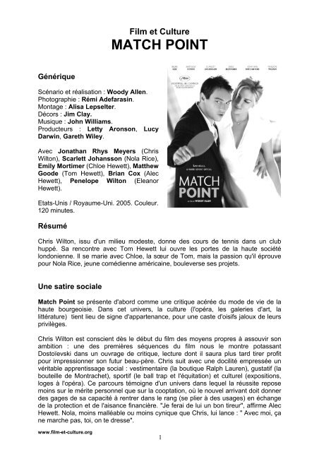 Match Point De Woody Allen Film Et Culture