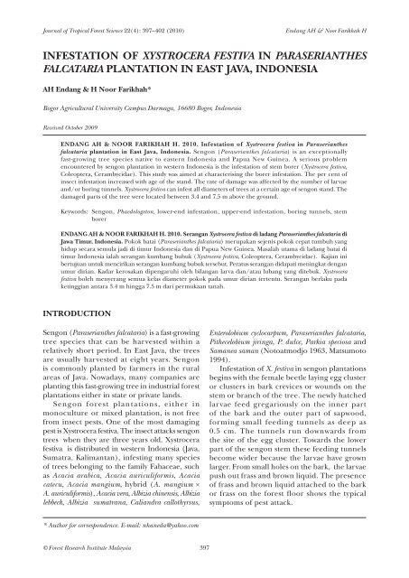 Infestation of Xystrocera festiva in Paraserianthes falcataria ...