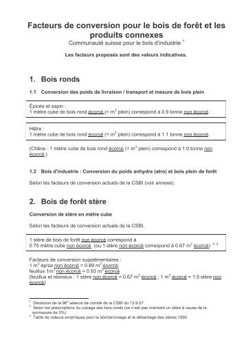 Facteurs de conversion pour le bois de forêt et les produits connexes