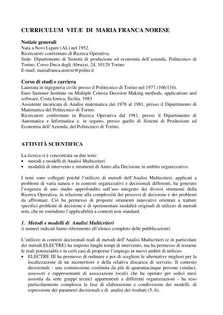 curriculum vitæ di maria franca norese - Laboratorio di Economia e ...