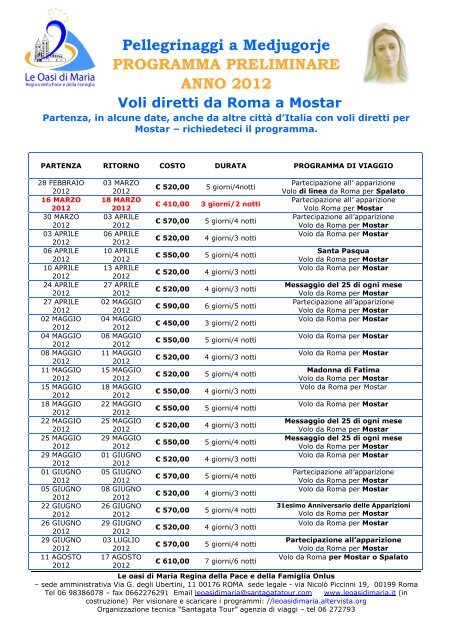 calendario preliminare le oasi di maria pellegrinaggi a