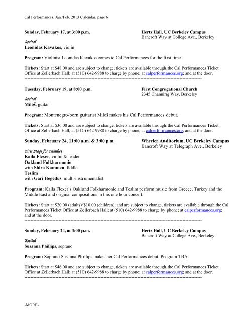 January & February Calendar of Events - Cal Performances