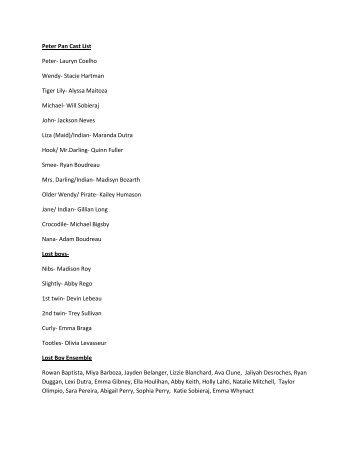 Peter Pan Cast List Peter- Lauryn Coelho Wendy- Stacie Hartman ...