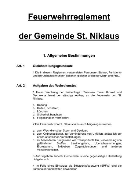 Feuerwehrreglement der Gemeinde St. Niklaus