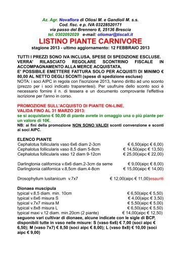 LISTINO PIANTE CARNIVORE - FLORICOLTURA NOVAFLORA