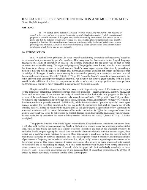 Joshua Steele 1775 Speech Intonation And Music Tonality