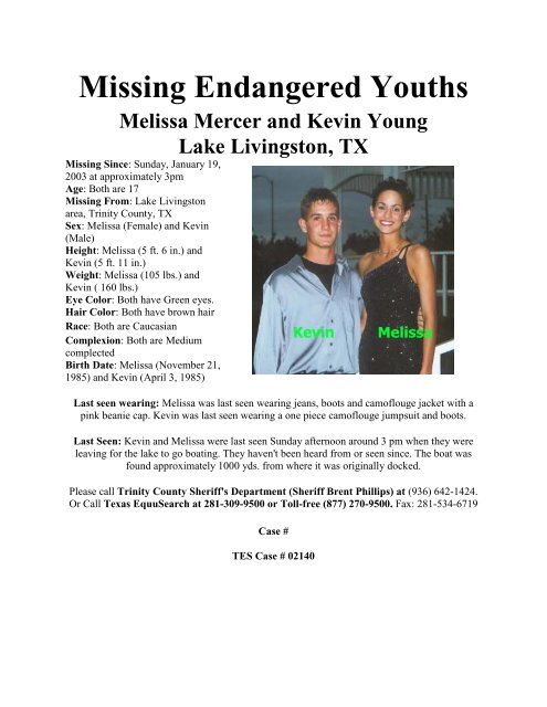 Missing Endangered Youths -- Melissa Mercer and Kevin Young ...