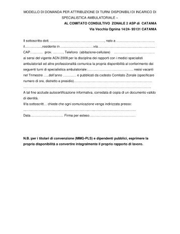 Scarica il modello di domanda in formato pdf - Asp Catania