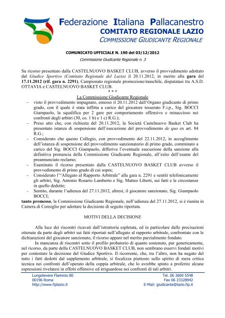 Federazione Italiana Pallacanestro COMITATO REGIONALE LAZIO