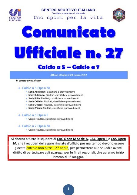 1 Comunicato Ufficiale n. 27 Calcio a 5 - CSI Macerata