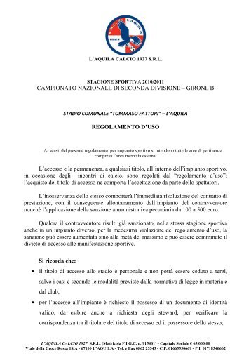 regolamento stadio tommaso fattori - L'Aquila Calcio