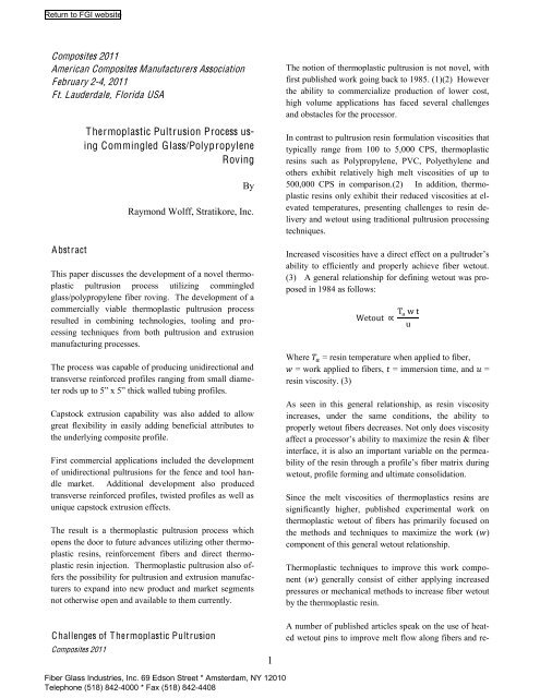 Thermoplastic Pultrusion Process using commingled glass ...