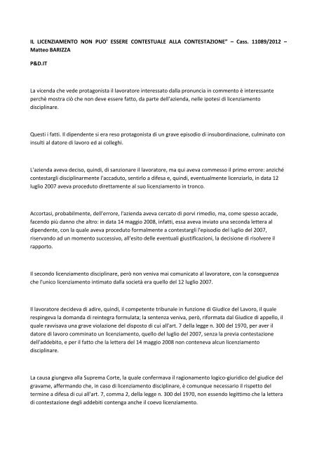Risposta a lettera di contestazione disciplinare